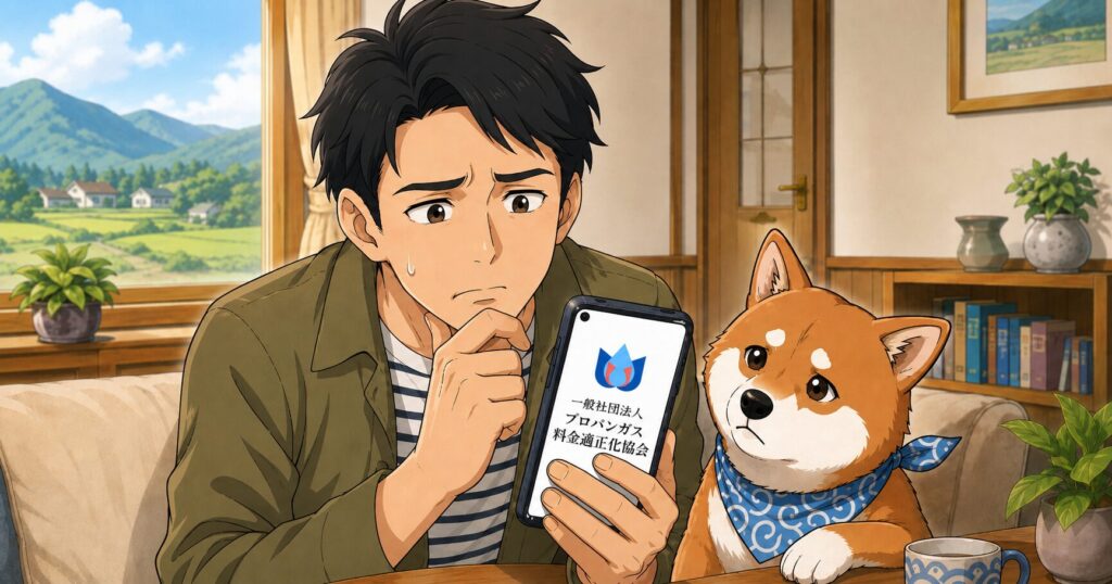 スマホで適正化協会が怪しくないか調べている男性と柴犬