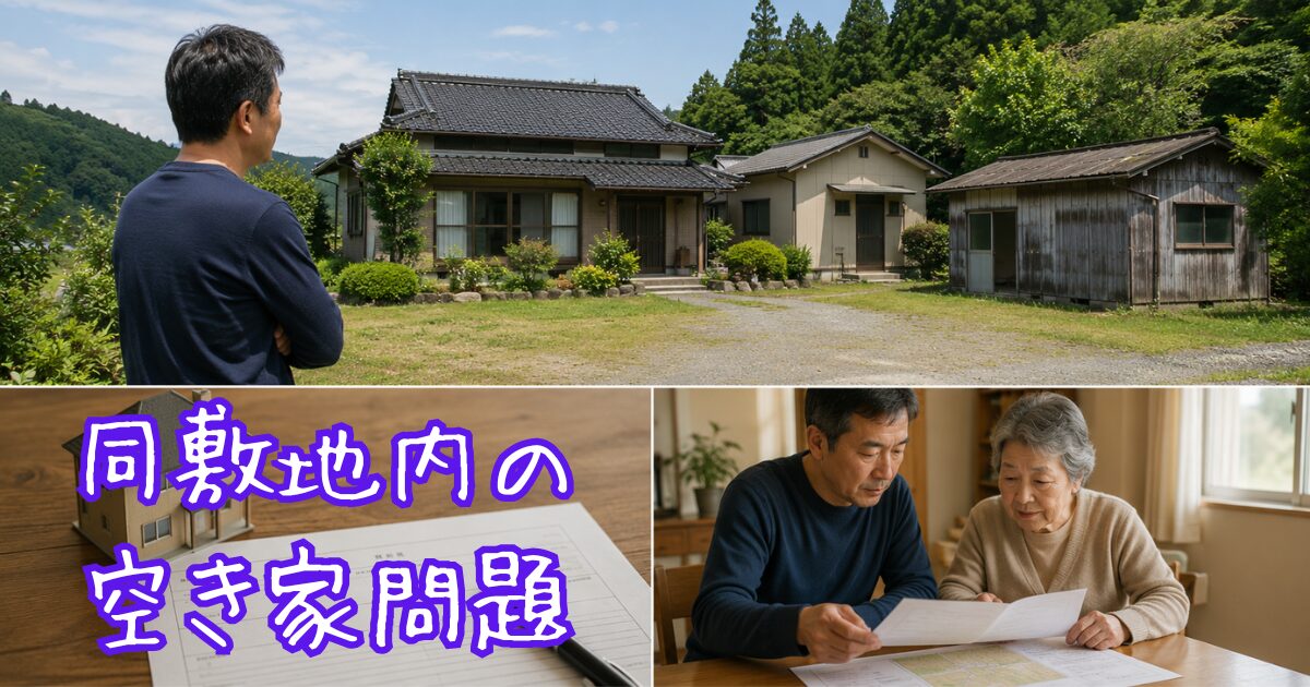 同敷地内にある空き家の問題について悩む男性と相談する家族のイラスト
