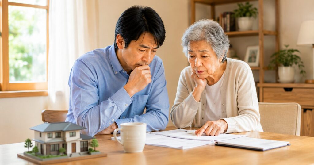 親子で自宅の今後について相談しているイラスト