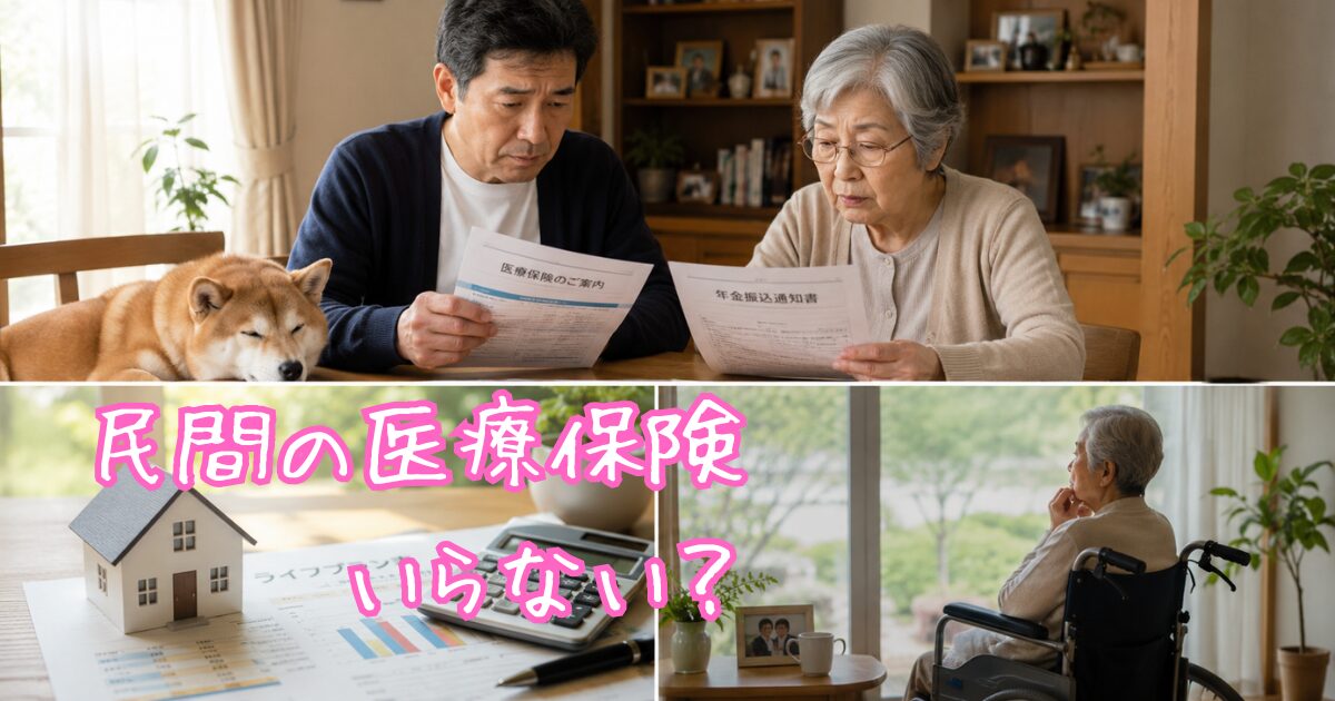 民間の医療保険の支出と年金収入を比べて検討している家族のイラスト
