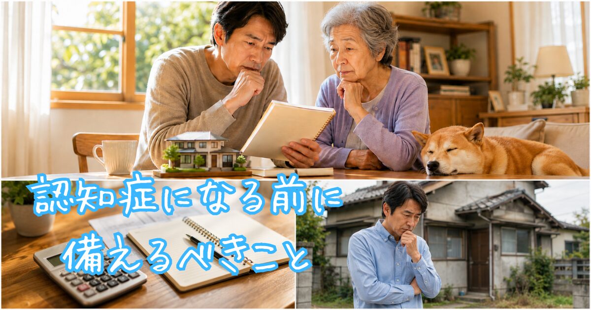 認知症になる前に備えることを検討する家族のイラスト