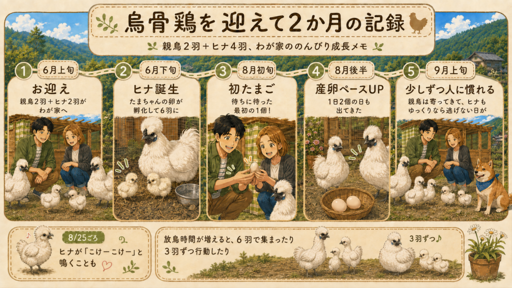 わが家の烏骨鶏を迎えて2か月の成長記録をまとめた時系列図解