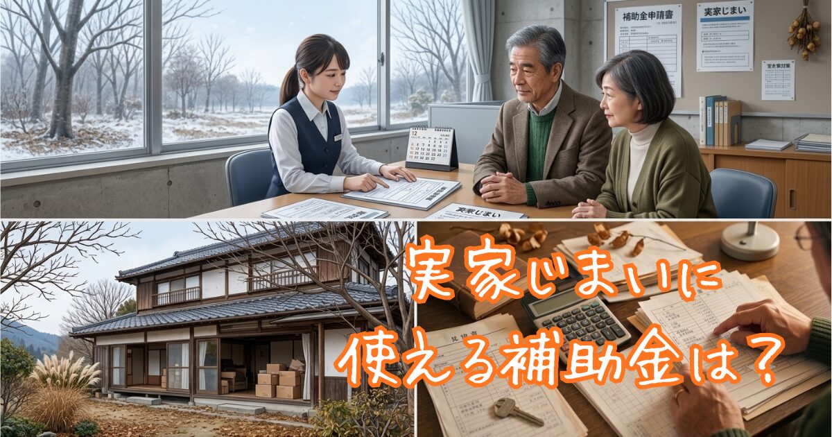 実家じまいに使える補助金を検討する夫婦のイラスト