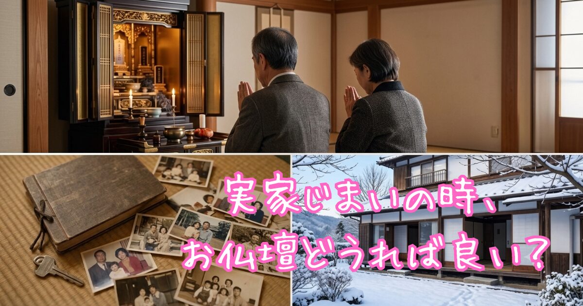 お仏壇の処分に関して考える夫婦のイラスト