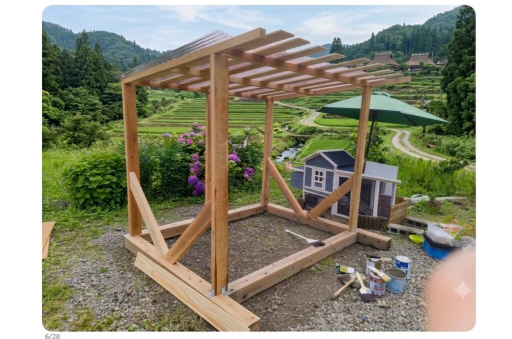 鶏小屋 diy 背面の壁を組み立てている様子