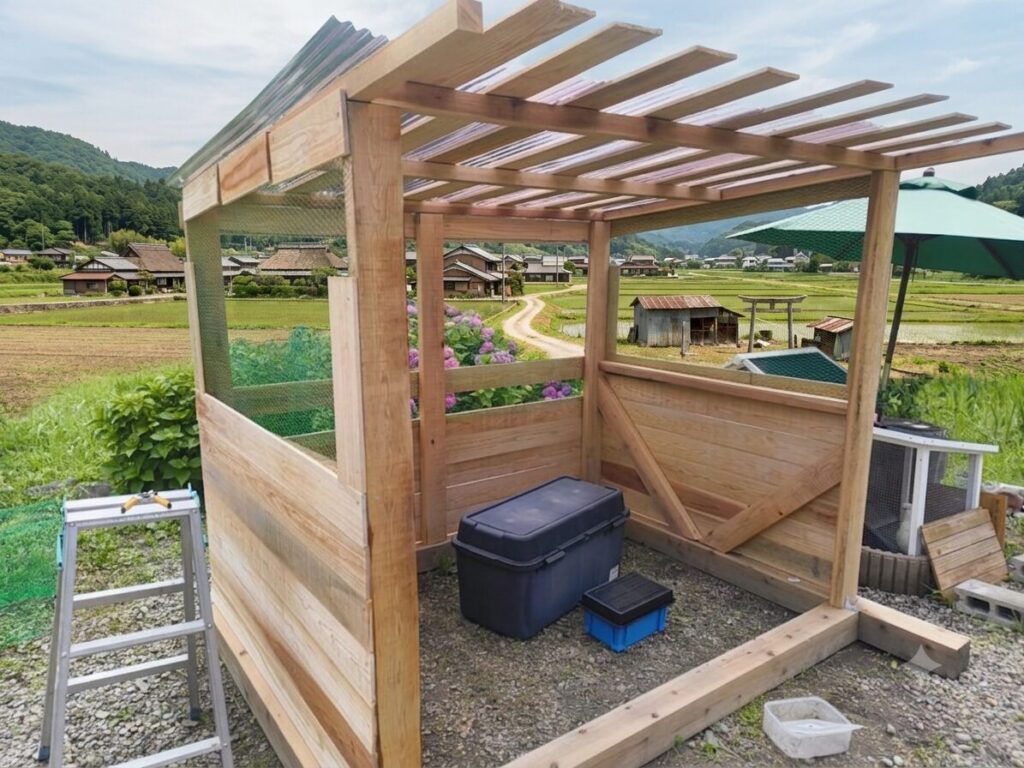 鶏小屋 金網 側面に張り付けている途中
