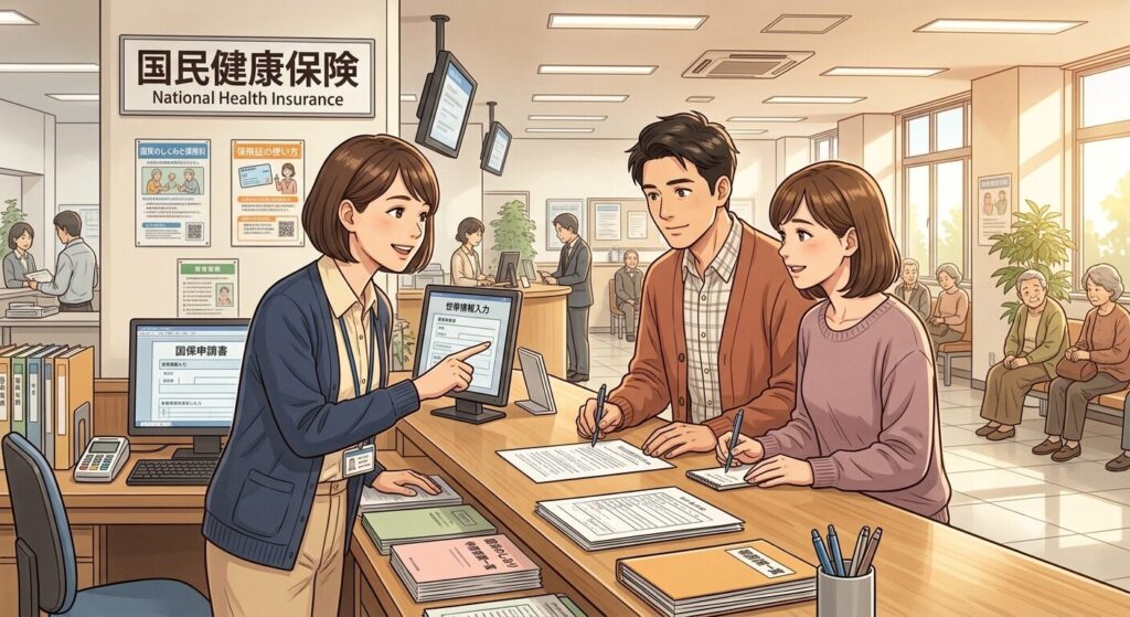 医療に関する手続きをしている患者家族のイラスト