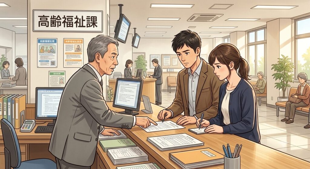 高齢福祉課で説明を受ける患者家族