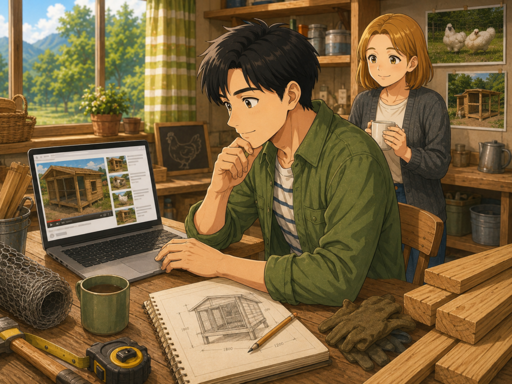 **代替テキスト** YouTubeで鶏小屋の作り方を調べながら、設計図なしでDIYを検討している様子のイラスト