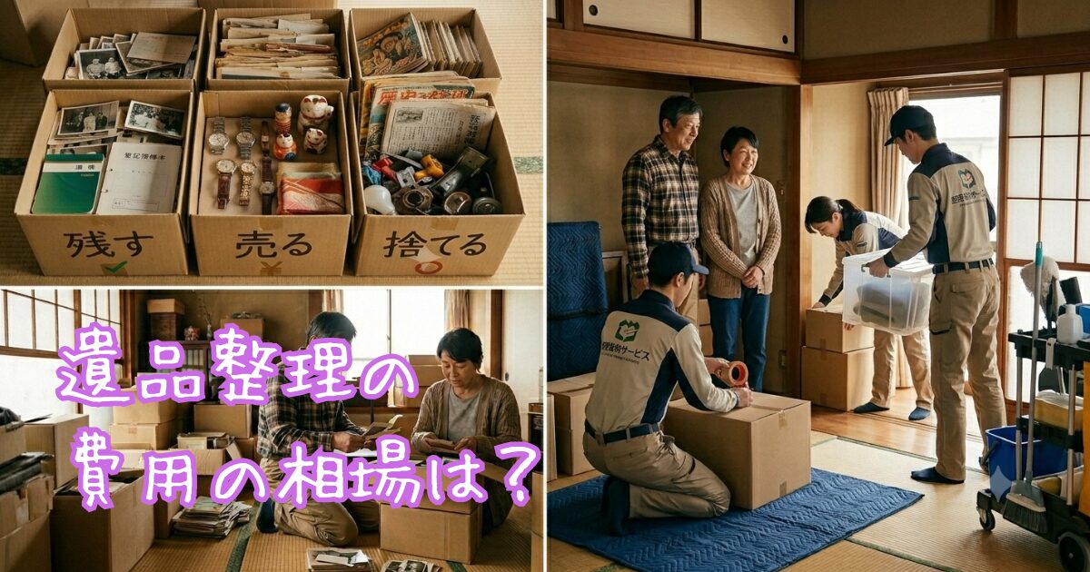 遺品整理を業者に依頼して作業してもらっている夫婦の写真風イラスト
