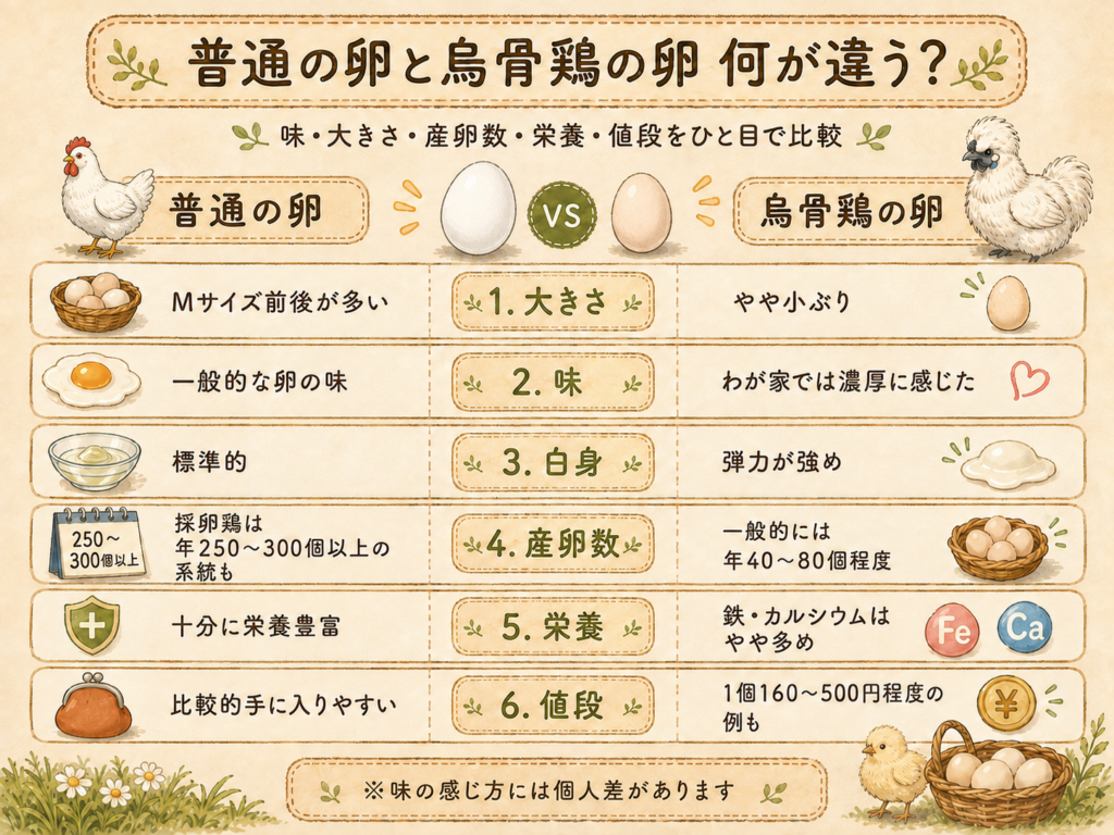 普通の卵と烏骨鶏の卵の違いを、大きさ・味・白身・産卵数・栄養・値段で比較した図解