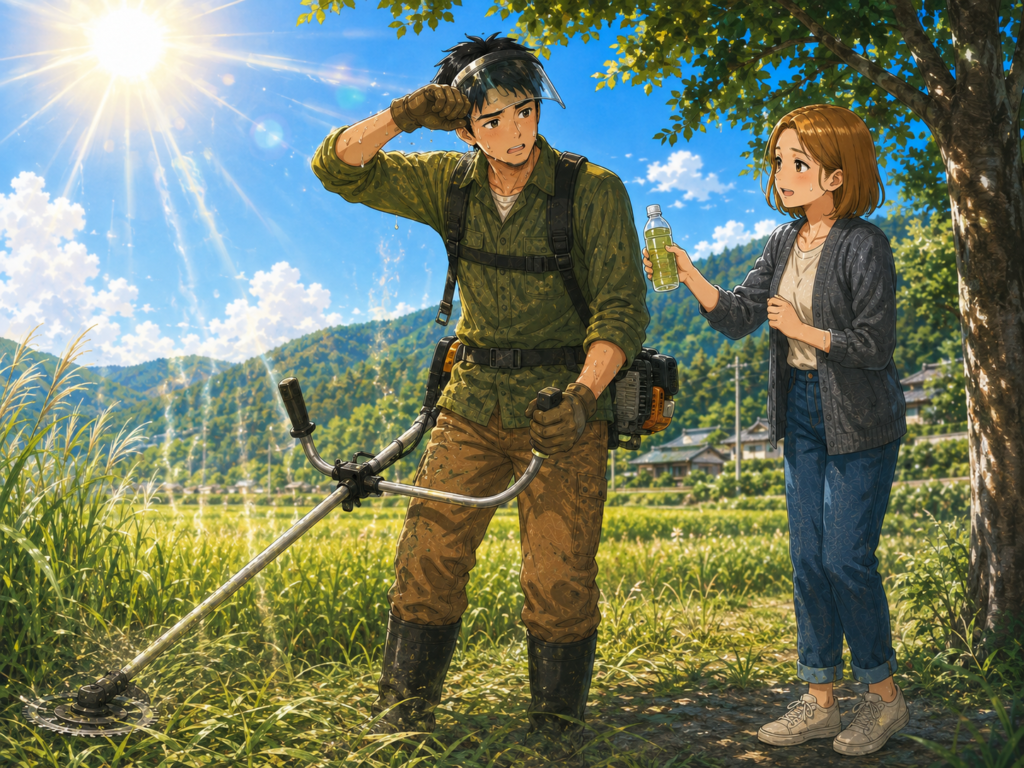 真夏の強い日差しの中で草刈りをする男性に、女性が飲み物を差し出しているイラスト