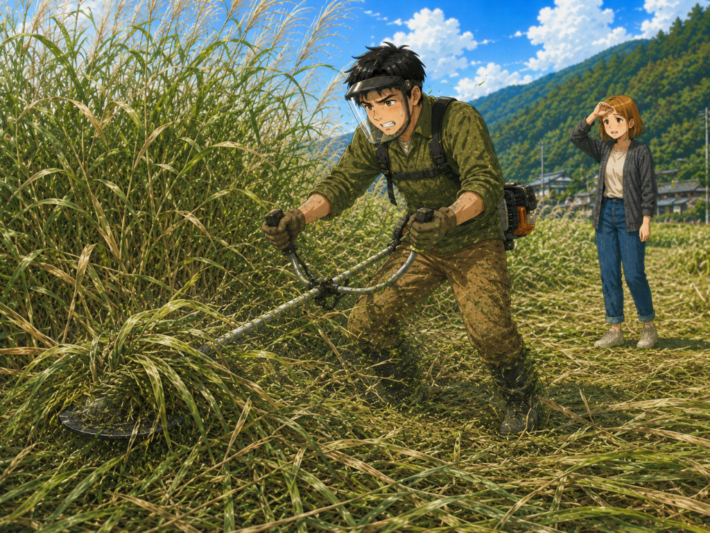 伸び放題のチガヤが茂る畑で、絡まりやすい草に苦戦しながら刈払機を使う男性のイラスト