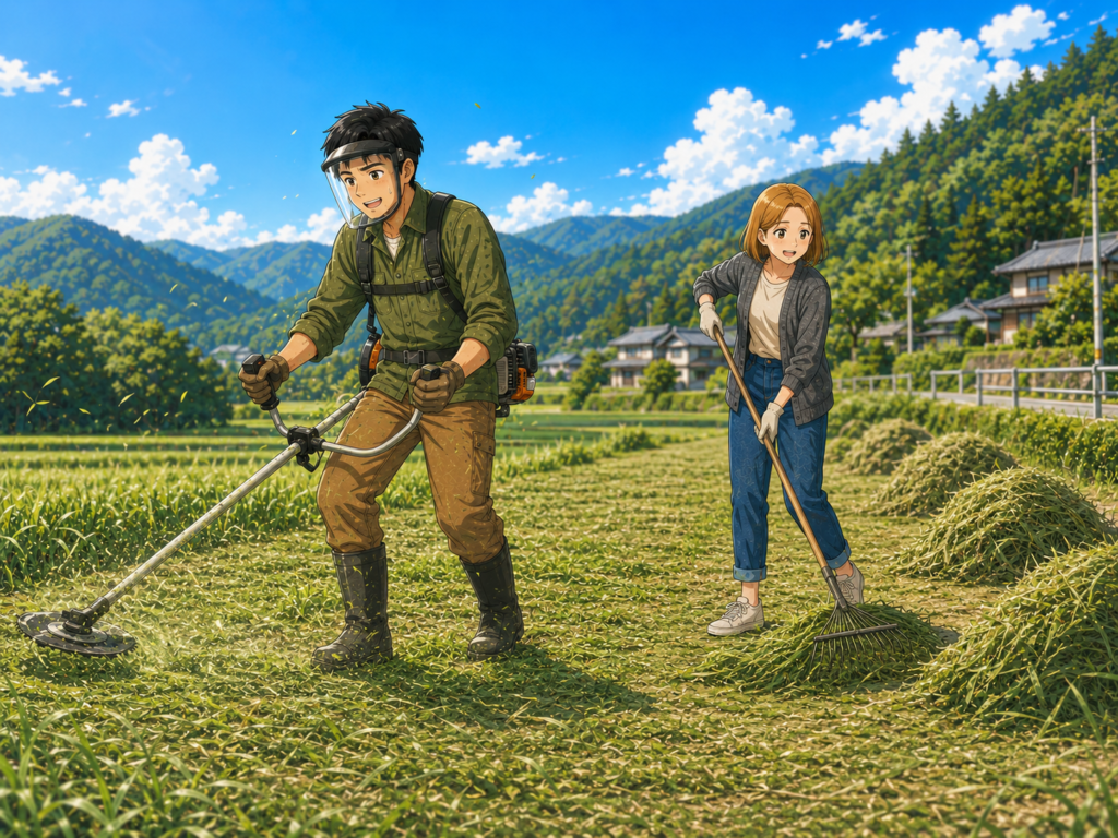 草刈りをする男性と、熊手で刈った草を集める女性が田舎の畑で作業しているイラスト
